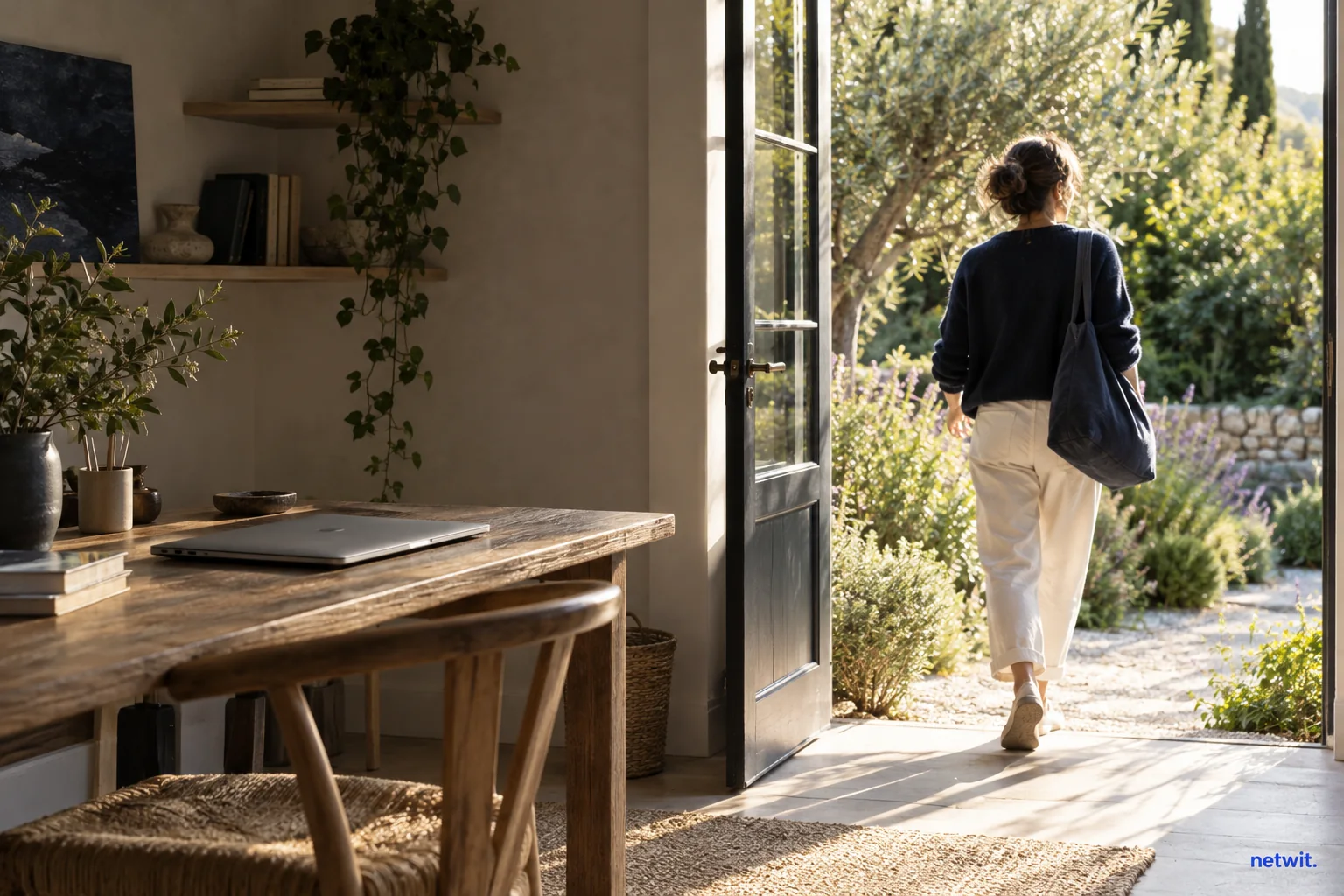 A person leaving a modest workspace through an open door toward a sunlit garden, closed laptop visible on desk behind.
