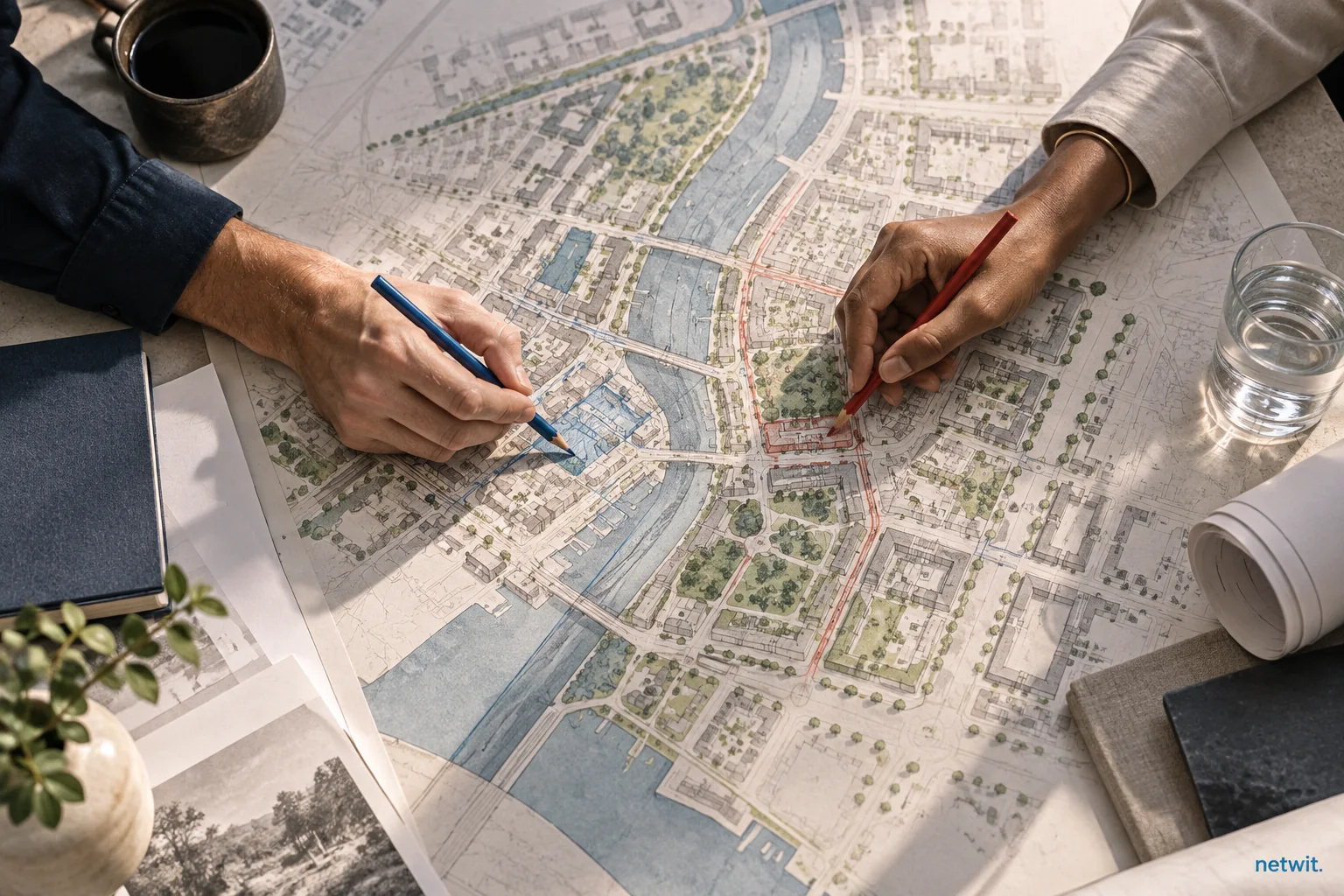 Two people on opposite sides of a meeting table jointly marking a shared city plan with different colored pencils, overhead hands only.
