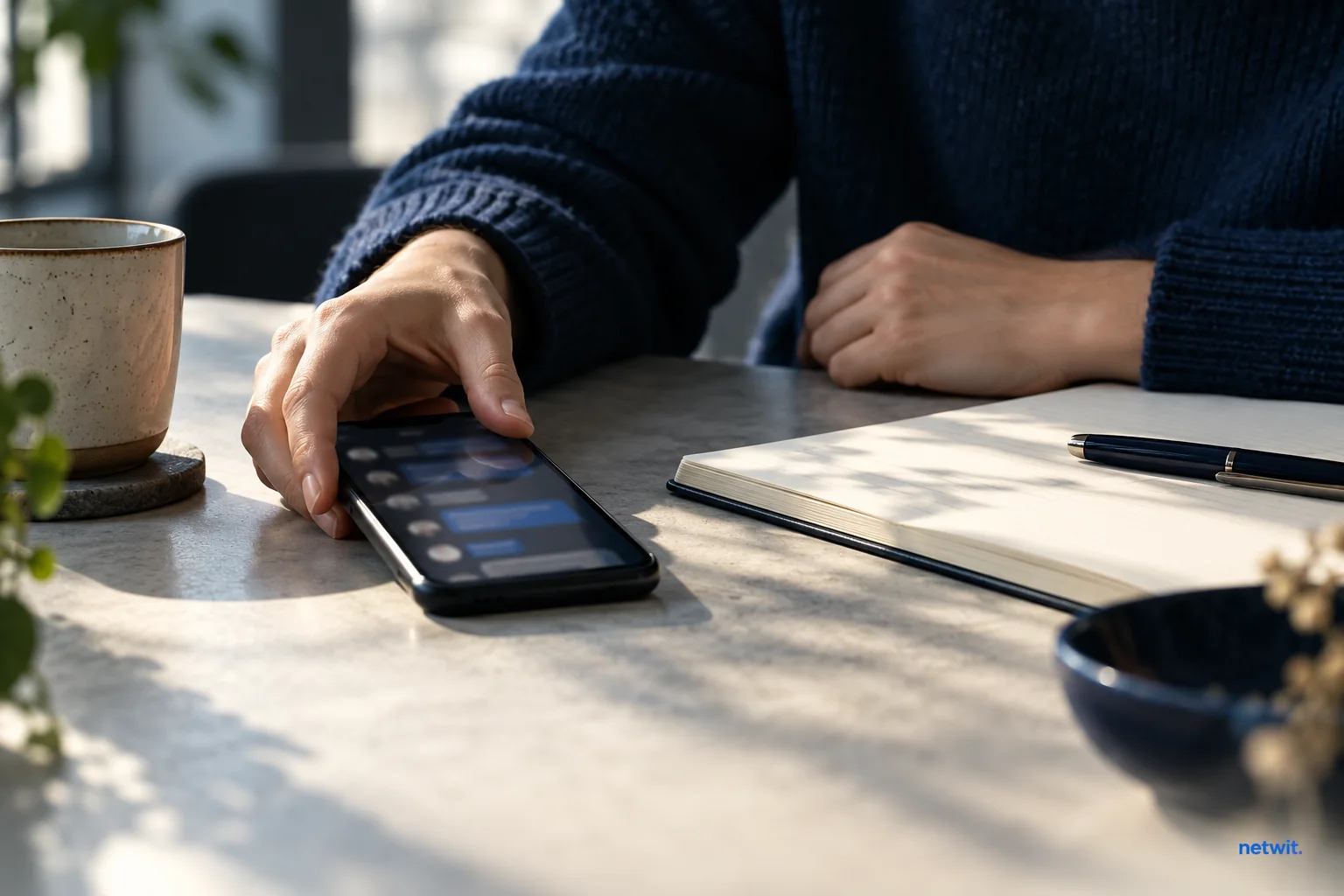Close editorial view of a person's hands setting down a phone beside a notebook, blurred message bubbles on phone without readable text, sober thoughtful mood.