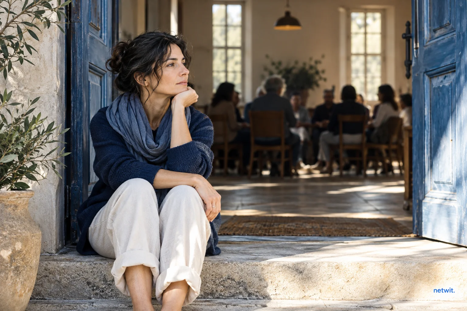 One thoughtful adult sitting near the open doorway of a quiet community gathering room, other people softly out of focus far inside.