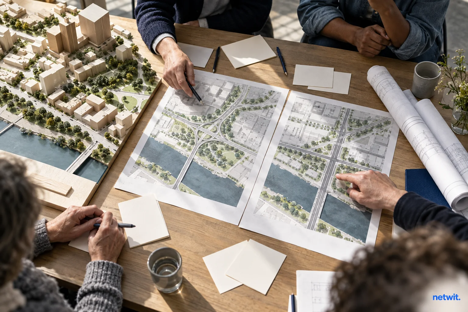 Overhead city planning table with architectural model, engineers' rolled plans and residents' handwritten blank cards, hands comparing two road layouts.