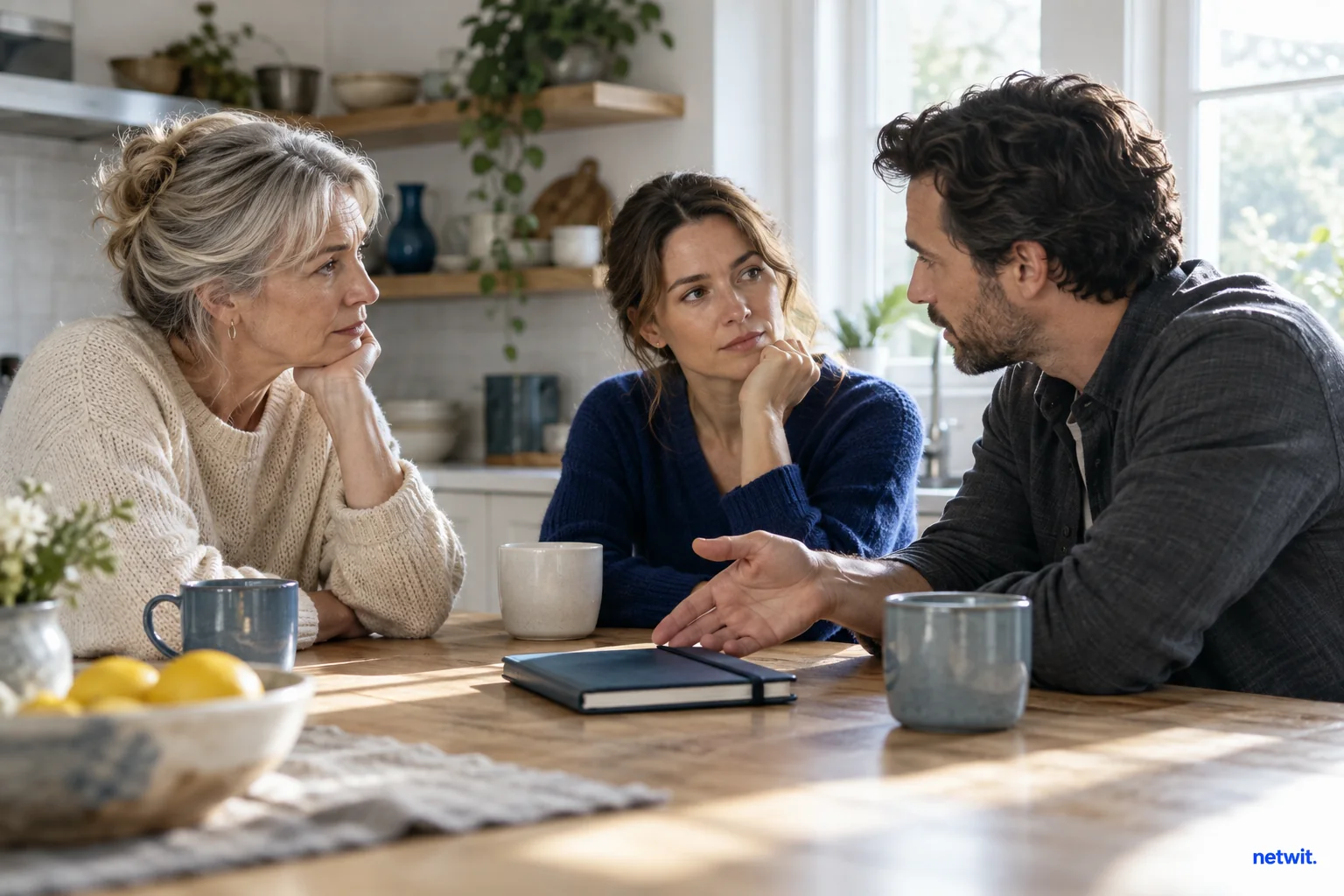 A family kitchen scene with three adults talking gently while one gestures toward a closed appointment notebook, natural candid side view.