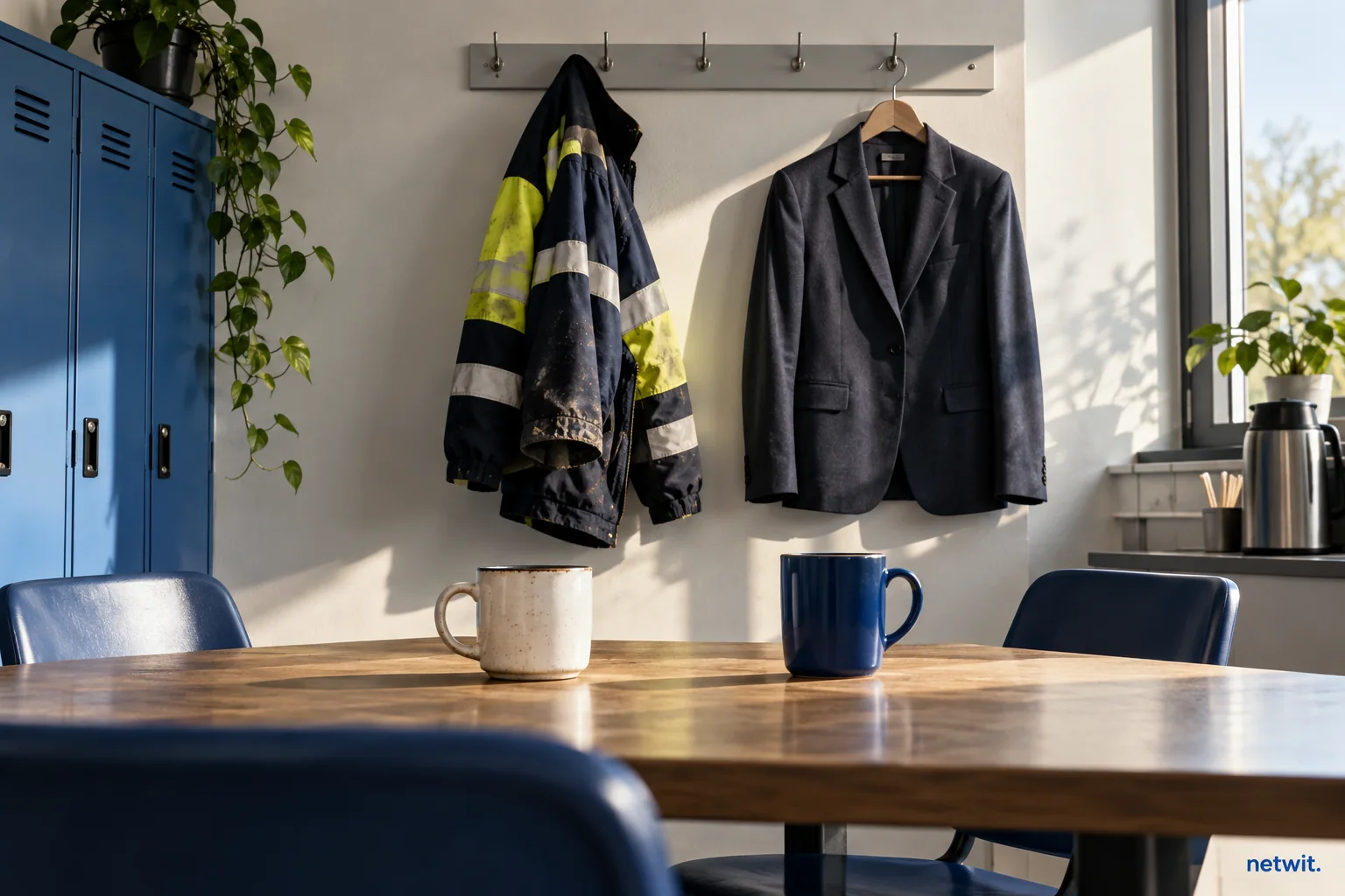 A shift worker's jacket hanging beside an office blazer in a shared staff break room, two cups on a table, equal visual weight.