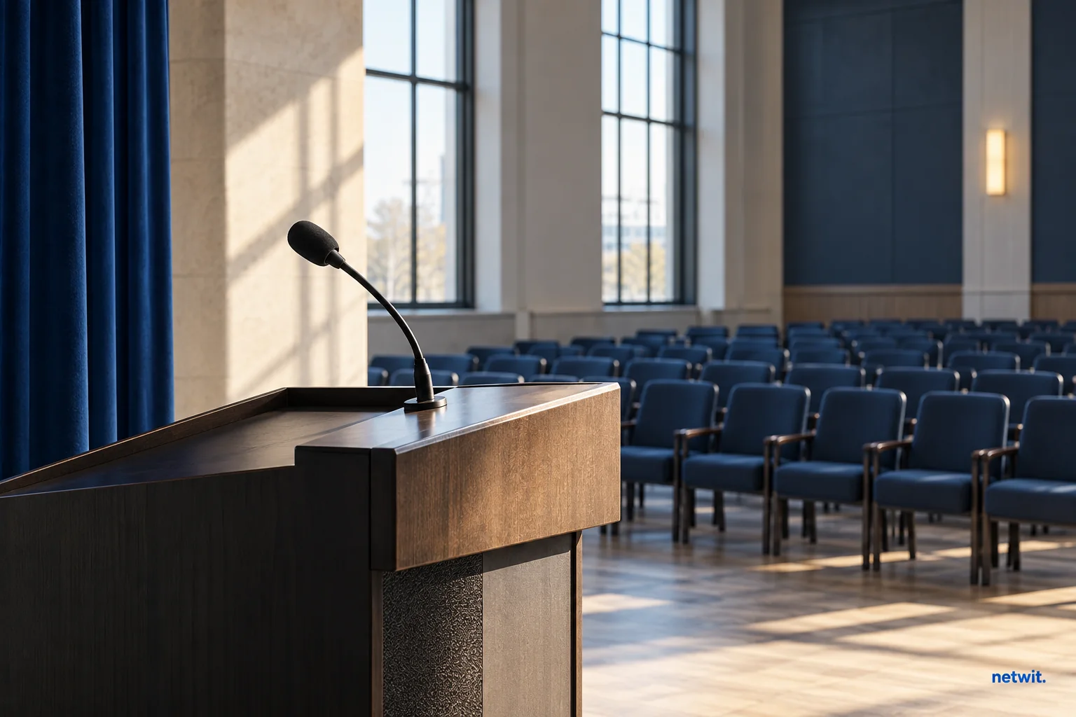 Single black microphone on a lectern facing rows of empty chairs in a small public lecture hall, side angle.