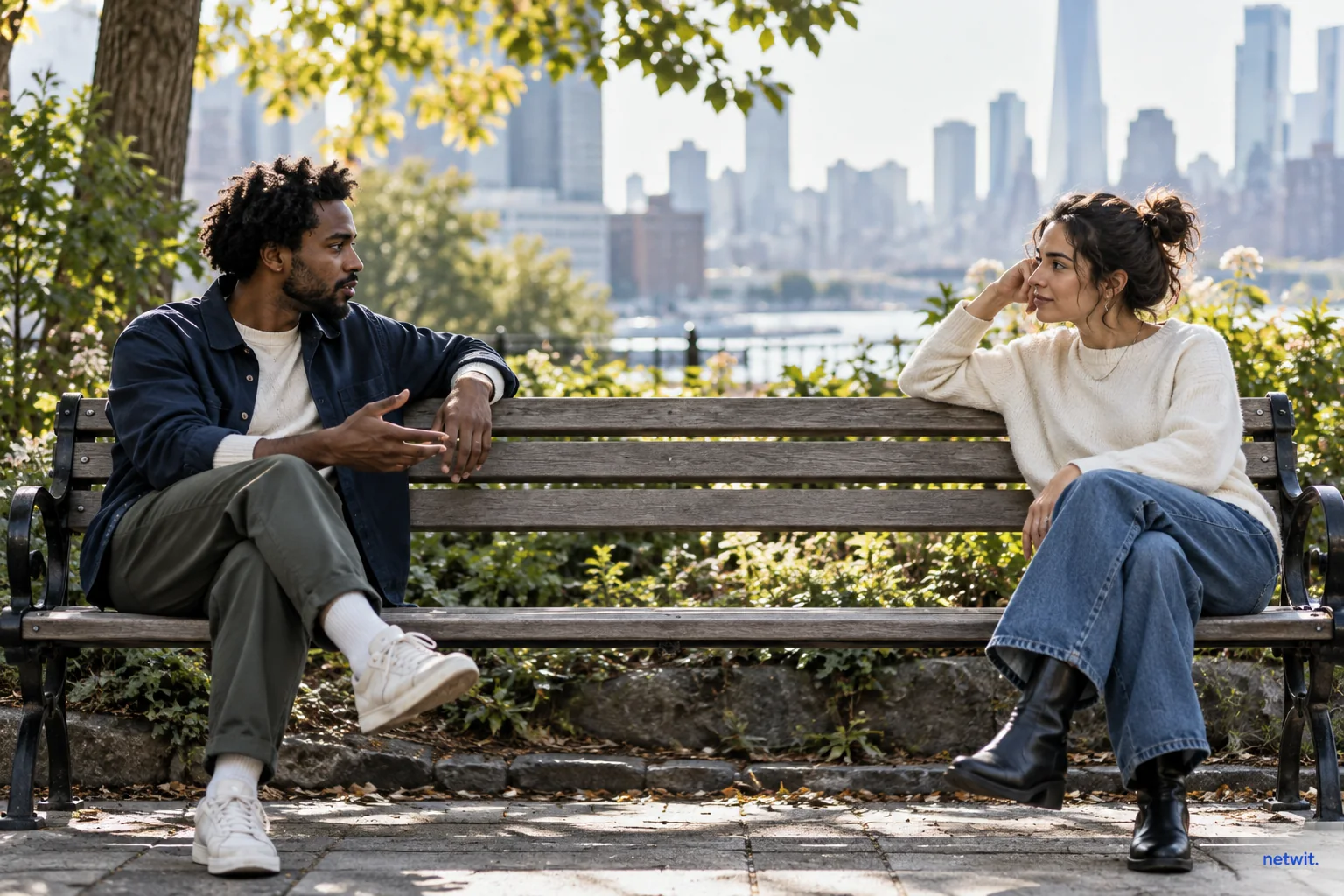 Two friends seated at opposite ends of a park bench having a thoughtful conversation, relaxed respectful body language, urban greenery.