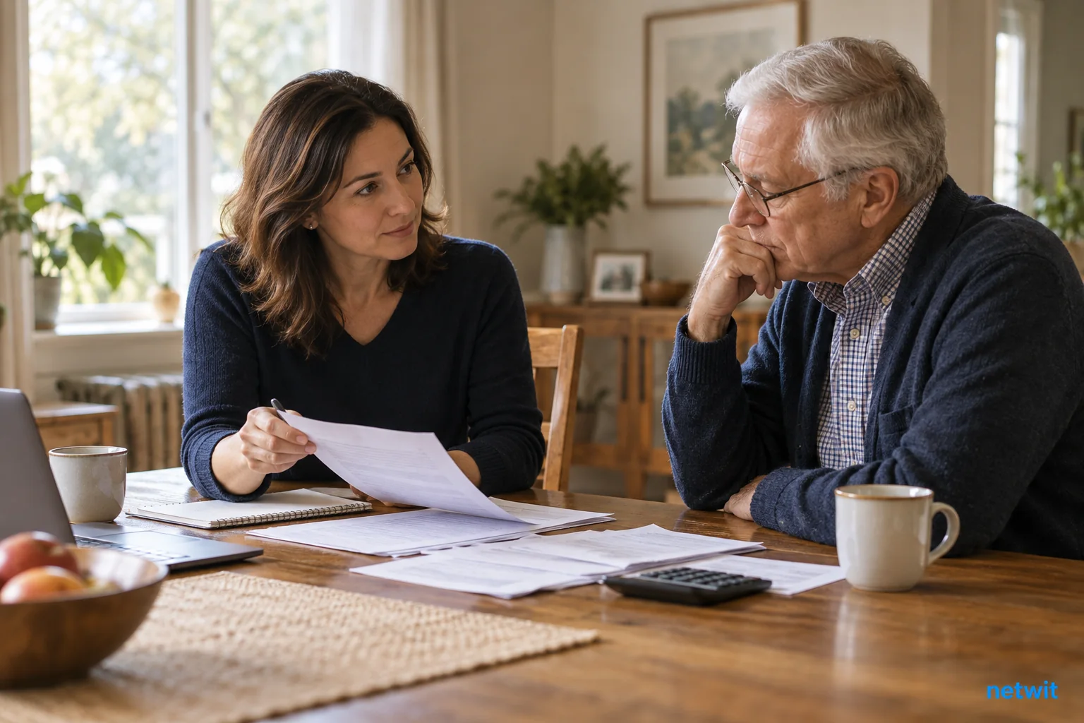 Adult child and older parent seated together at a dining table looking over household paperwork, compassionate conversation with space between them, natural light, dignified everyday clothing..