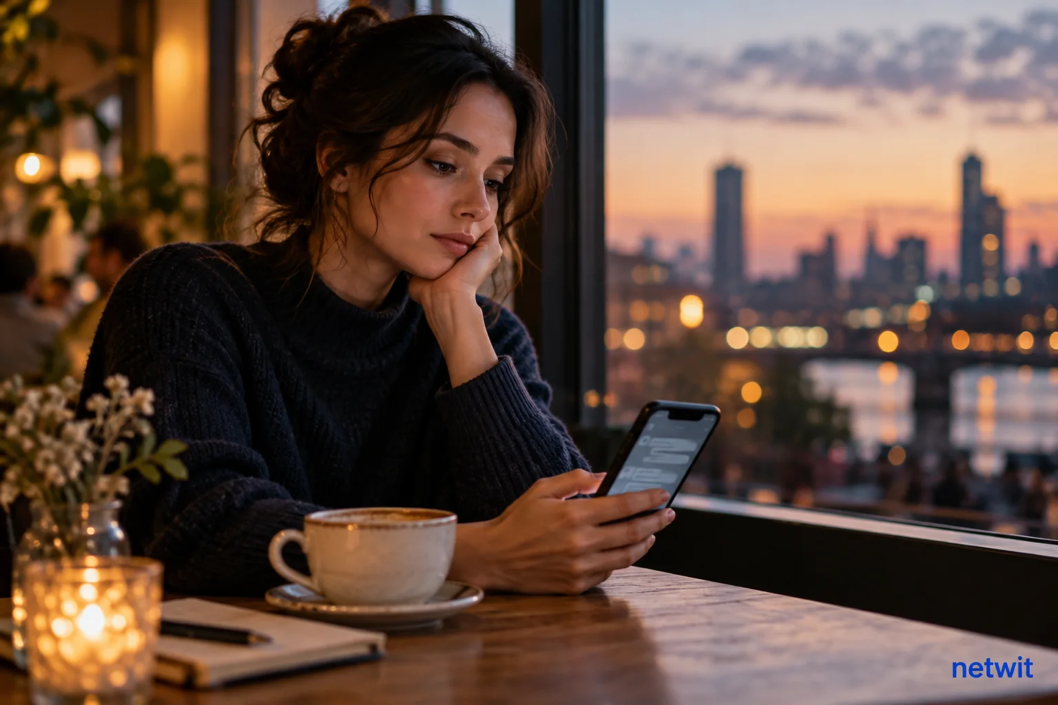 An adult alone at a cozy cafe table at dusk, smartphone displaying a softly blurred generic chat interface next to untouched coffee, reflective mood, no robots or glowing graphics..