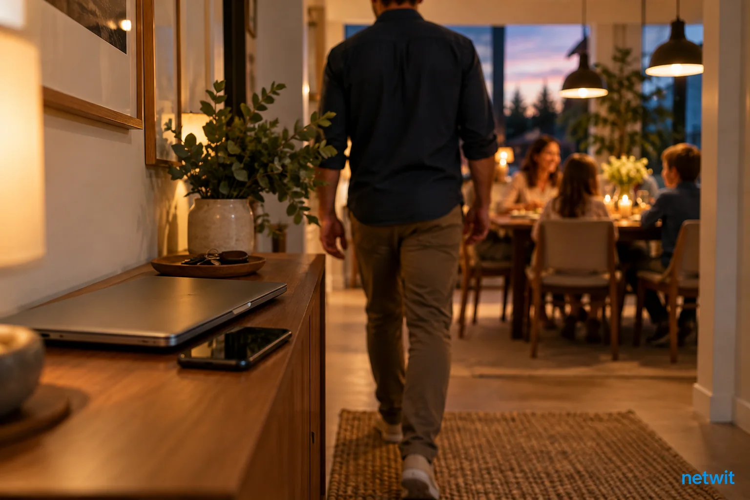 Closed work laptop and muted phone on a hallway shelf, an adult stepping toward a warmly lit family dinner in background, work-life boundary, natural dusk..