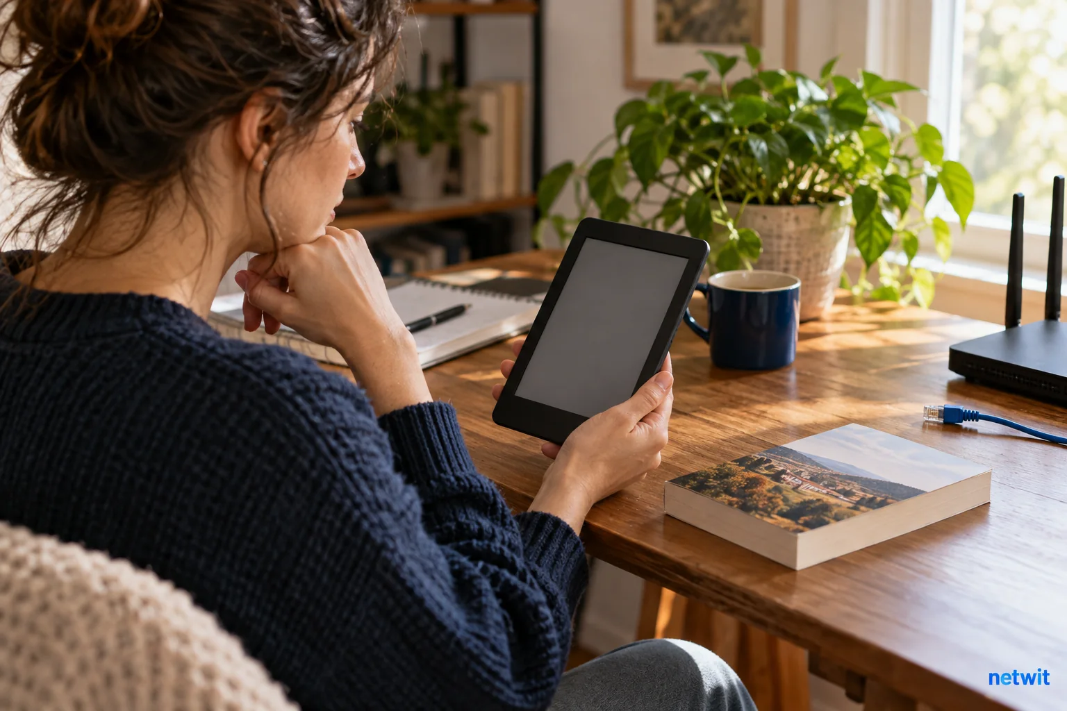 A person at a home desk examining an e-reader with a blank inactive screen beside a physical paperback and disconnected router cable, natural afternoon light..