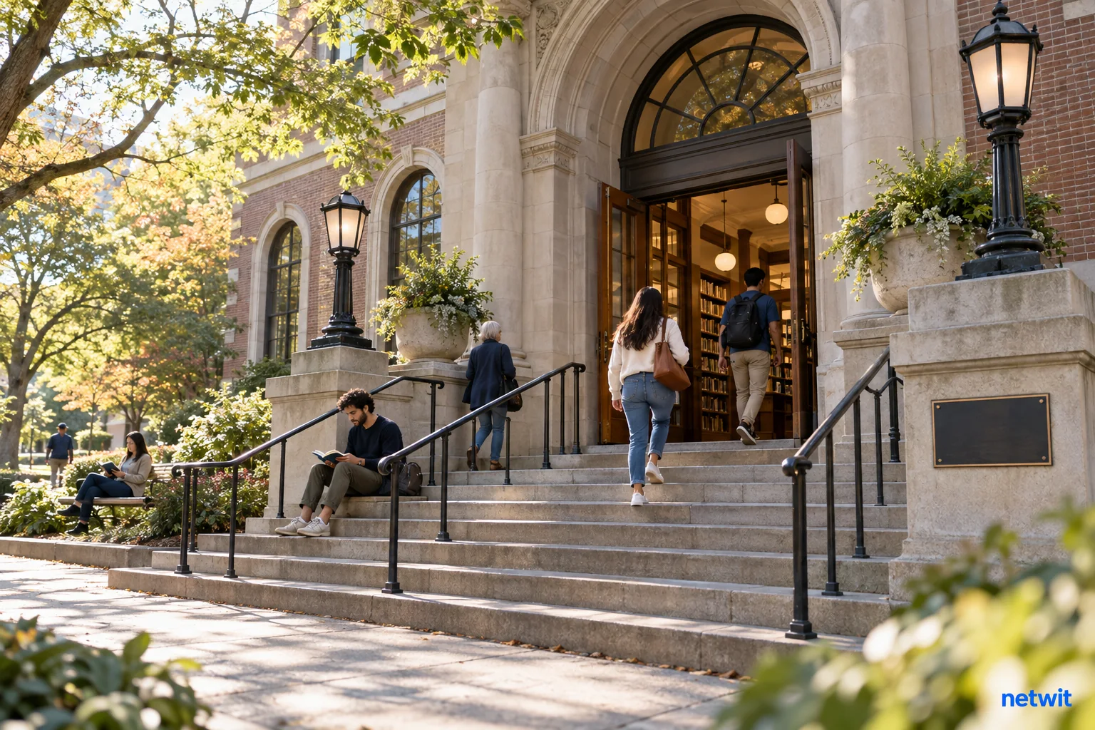 Wide architectural photograph of a neighborhood public library entrance with an unmarked metal naming plaque, people using the steps, soft morning light, mature trees..