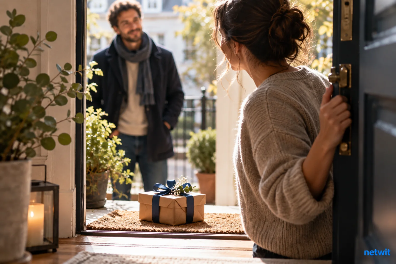 A small wrapped gift on a sunlit apartment doorstep, adult recipient holding the door open with welcoming but thoughtful posture, giver softly blurred beyond.
