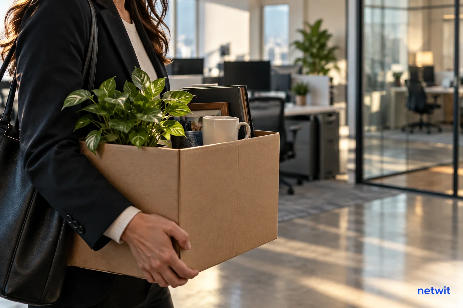 Close view of a cardboard box containing a desk plant and personal mug carried out of a quiet corporate office, empty desks and glass executive office softly blurred beyond..