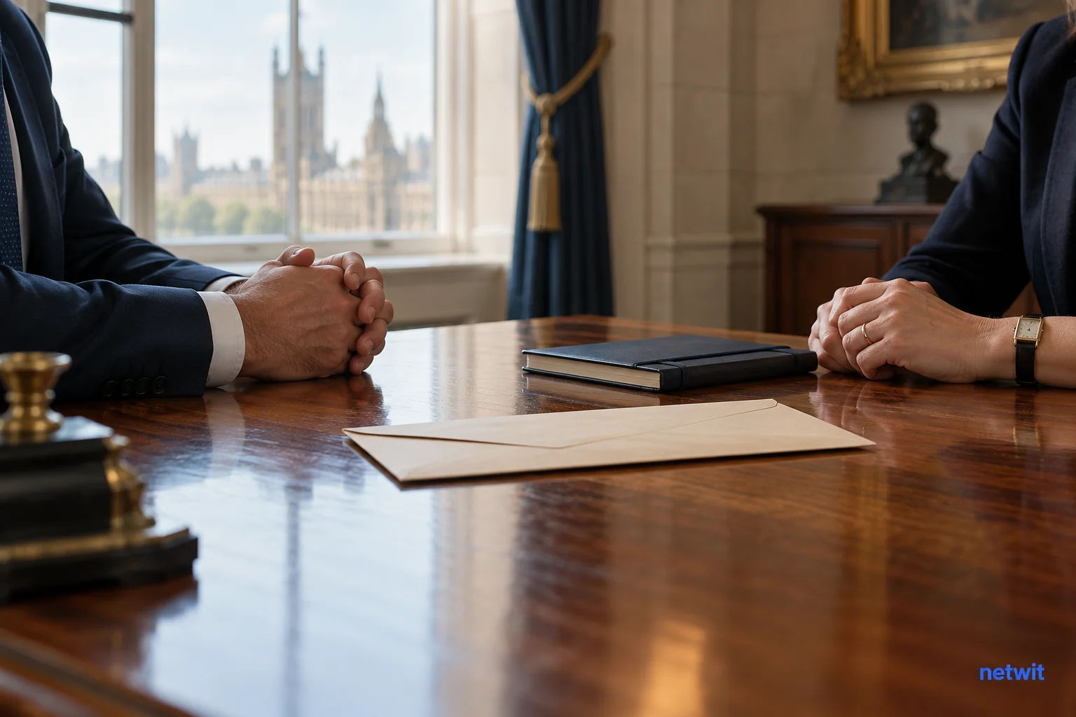 Two adults' hands across an office desk with an envelope and appointment notebook..