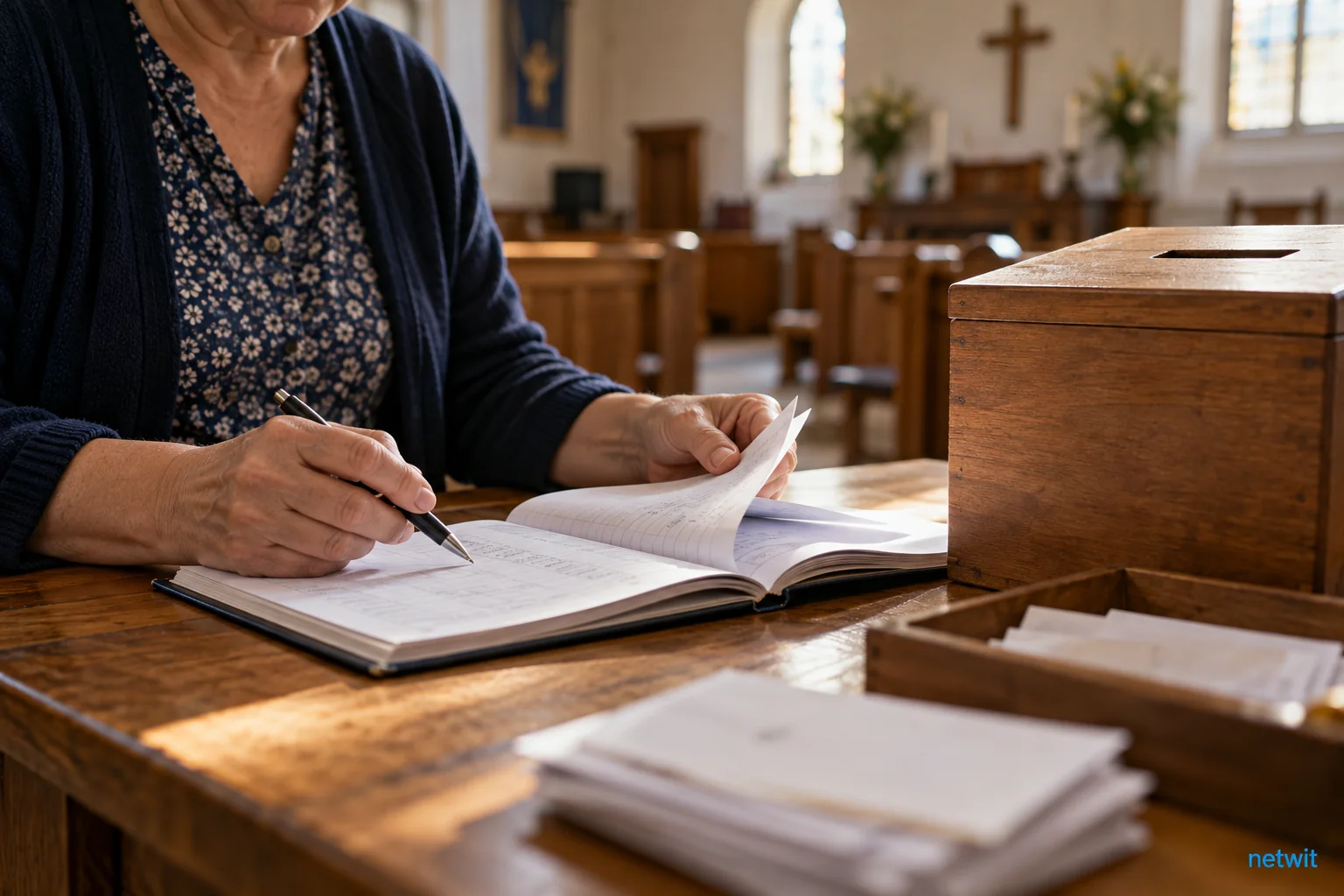 Close-up of a volunteer's hands reviewing a financial ledger beside a plain donation collection box on a wooden table inside a modest community worship hall.