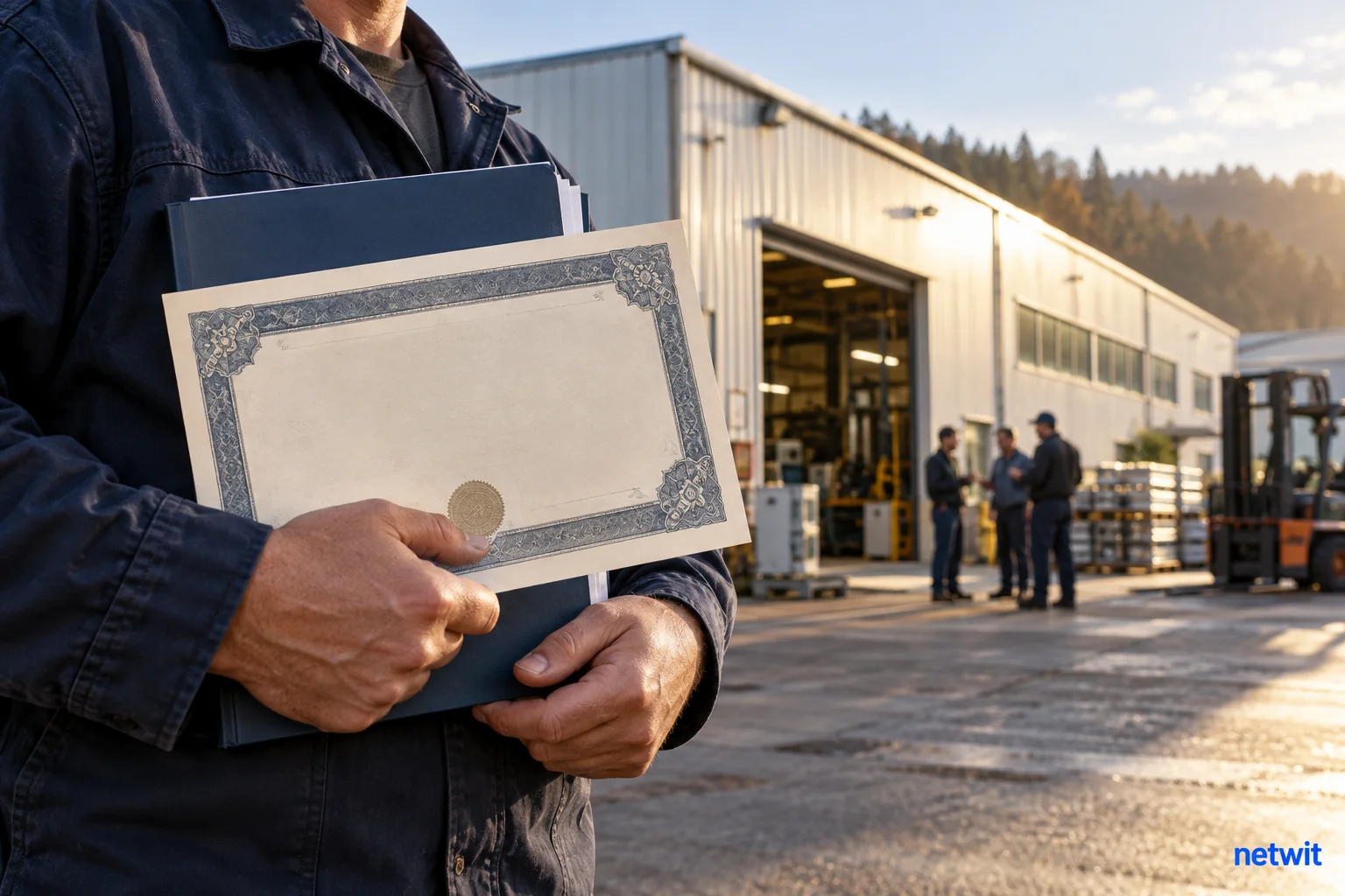 Exterior of a modest manufacturing plant in morning light, foreground hands of a worker holding an unmarked share certificate and a public budget folder.