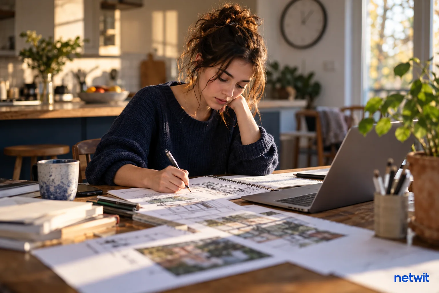 Young adult working on a detailed design assignment at a kitchen table late afternoon, notebook sketches and laptop, clock out of focus, realistic work and effort, no readable text..