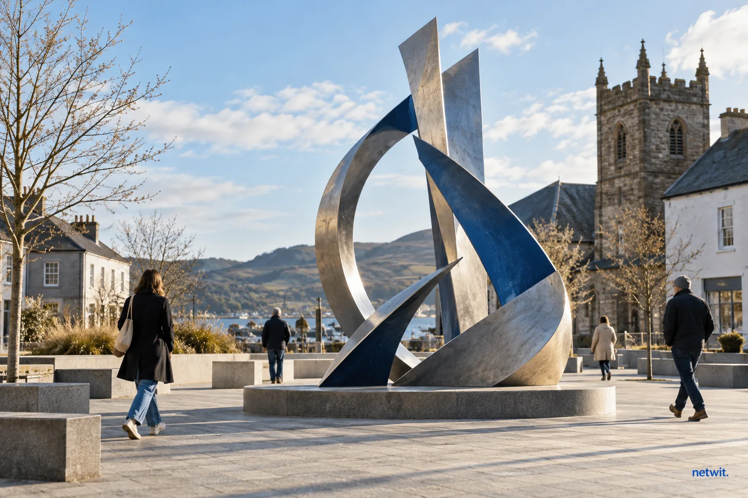 A contemporary abstract steel public sculpture in a modest town square, a few anonymous residents walking past, broad daylight.