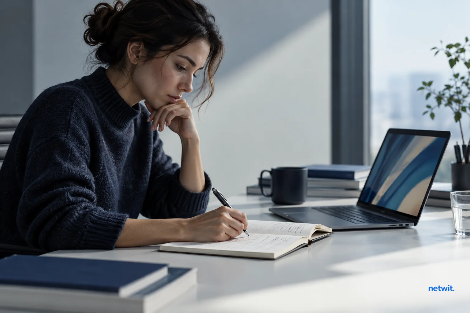 A person comparing a notebook with work on a laptop.